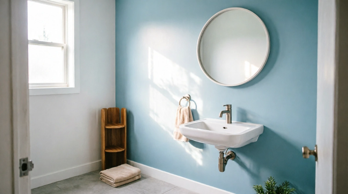Summer bathroom accent wall painted light blue behind a round mirror with daylight reflection