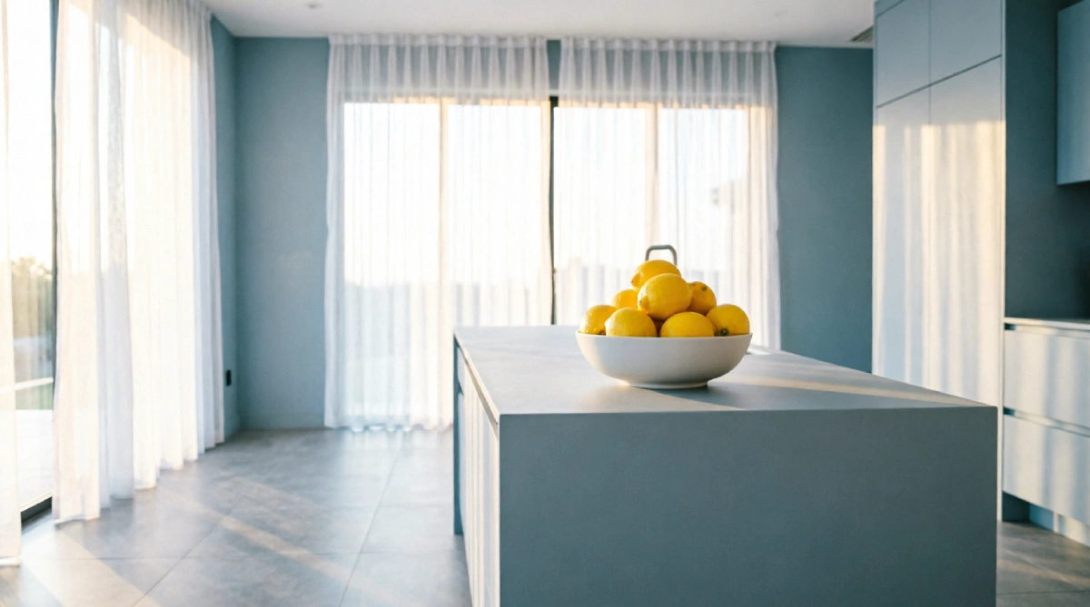 Pale blue-gray kitchen walls that reflect summer heat