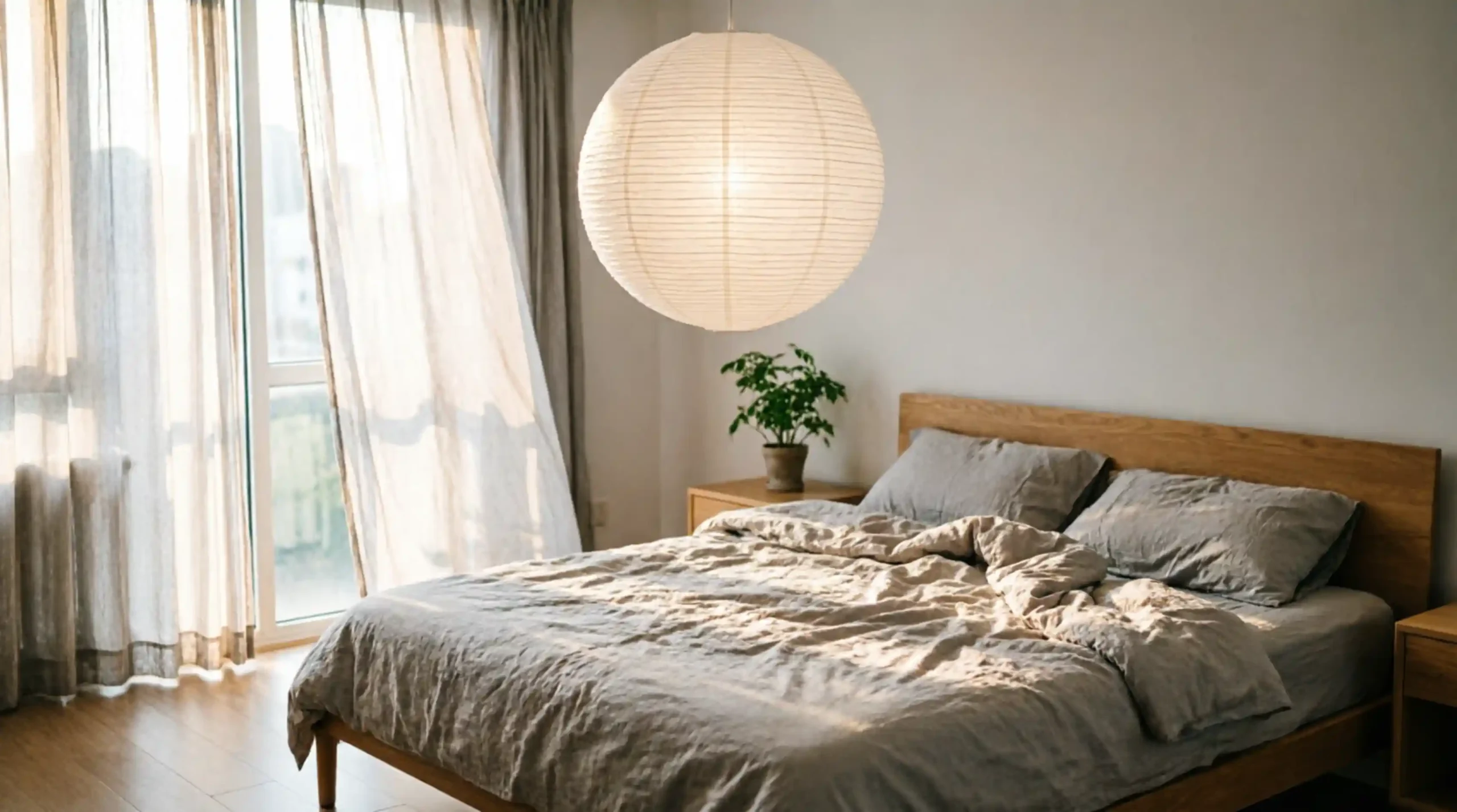 Large paper lantern pendant diffusing light into a soft summer bedroom atmosphere