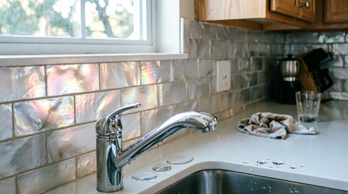 Pearl iridescent tile backsplash that reflects summer heat