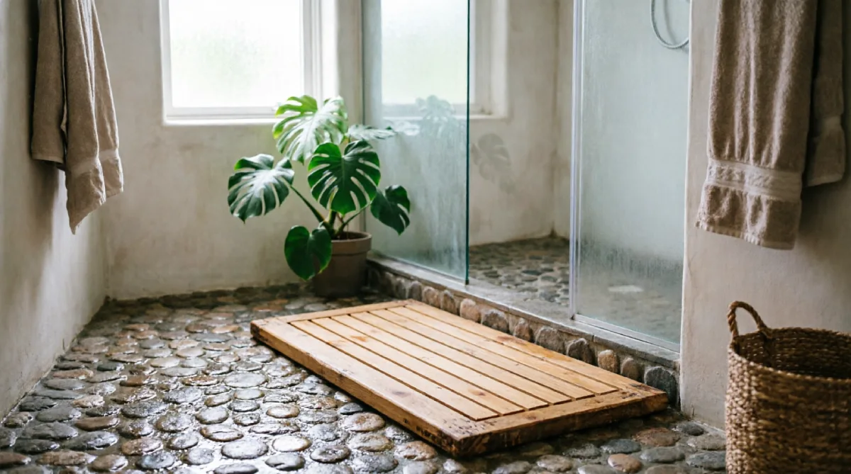 River rock pebble bathroom tiles that stay naturally cool in summer