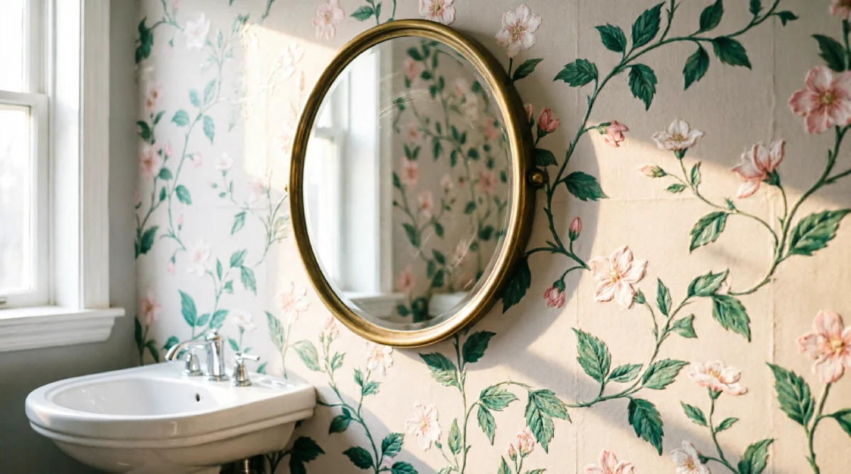 Removable botanical wallpaper behind a round mirror in a small summer bathroom, adding pattern without physical clutter.