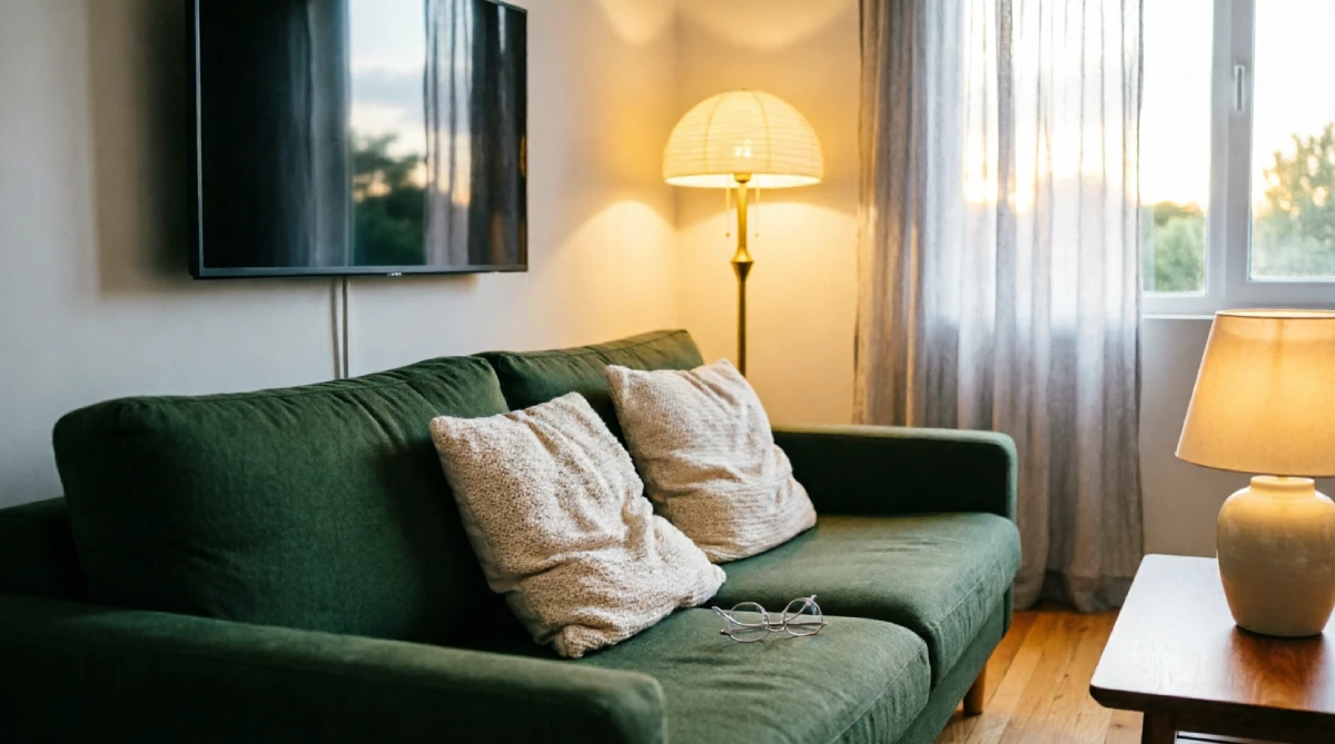 Sofa and TV arranged at 90 degrees in a summer living room for better space flow