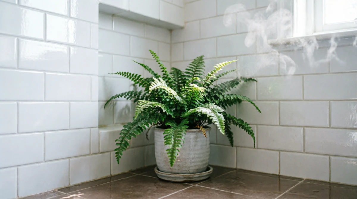 Lush green fern growing from a wall alcove in a bright modern bathroom