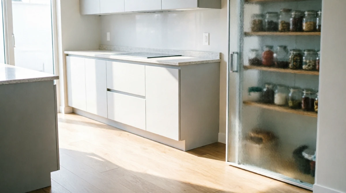 Modern summer kitchen with frosted glass pocket door to pantry