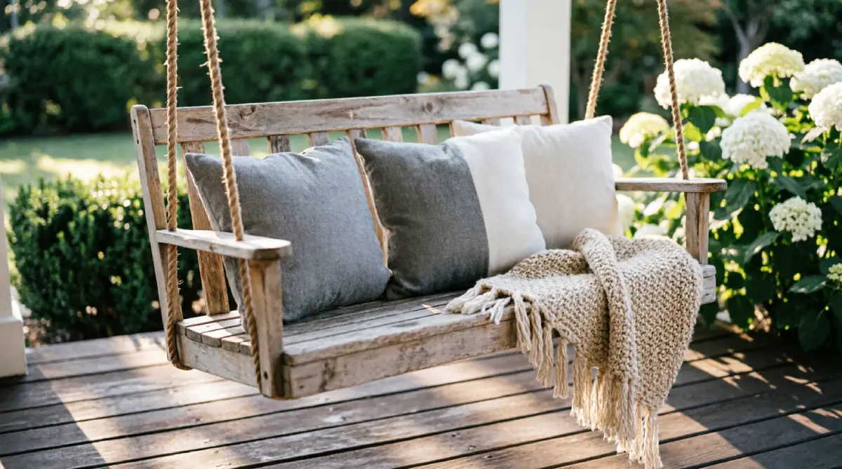 A porch swing with plush cushions and a knit blanket creating a cozy spot for summer relaxation.