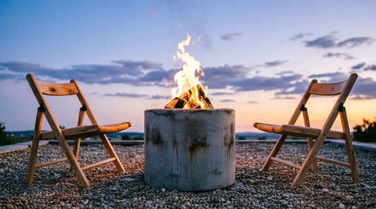 Portable concrete fire column used as flexible heat source in a small backyard