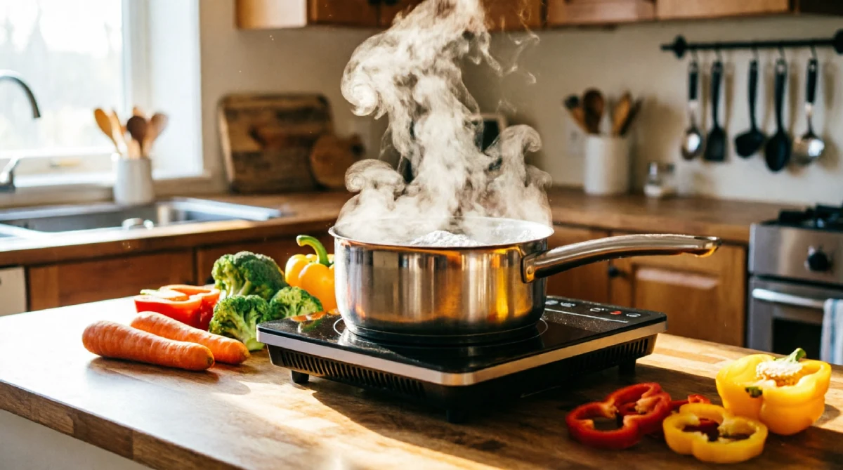 Portable induction cooktop helping a budget summer kitchen stay cooler while cooking