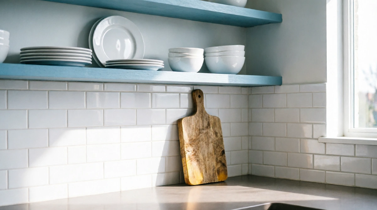 Powder blue open shelving in a summer kitchen