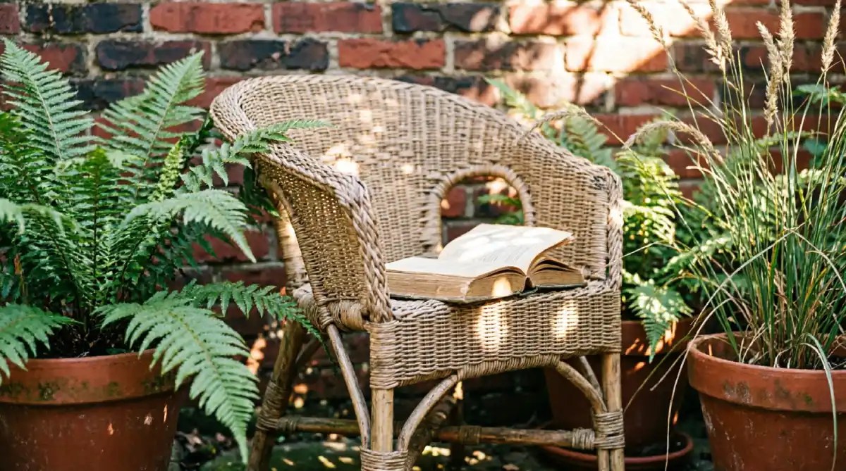 A secluded reading chair tucked behind tall potted plants creating a cozy, private outdoor spot.