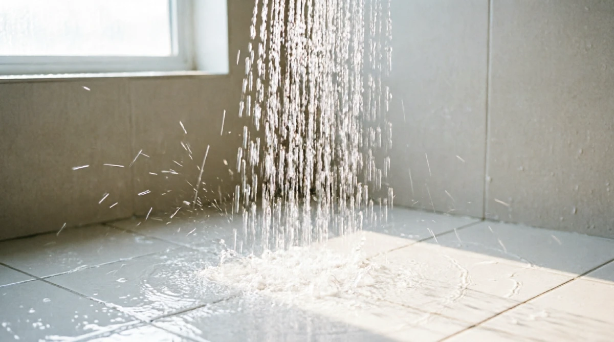 Wide rain shower head spraying water that creates full-body cooling effect