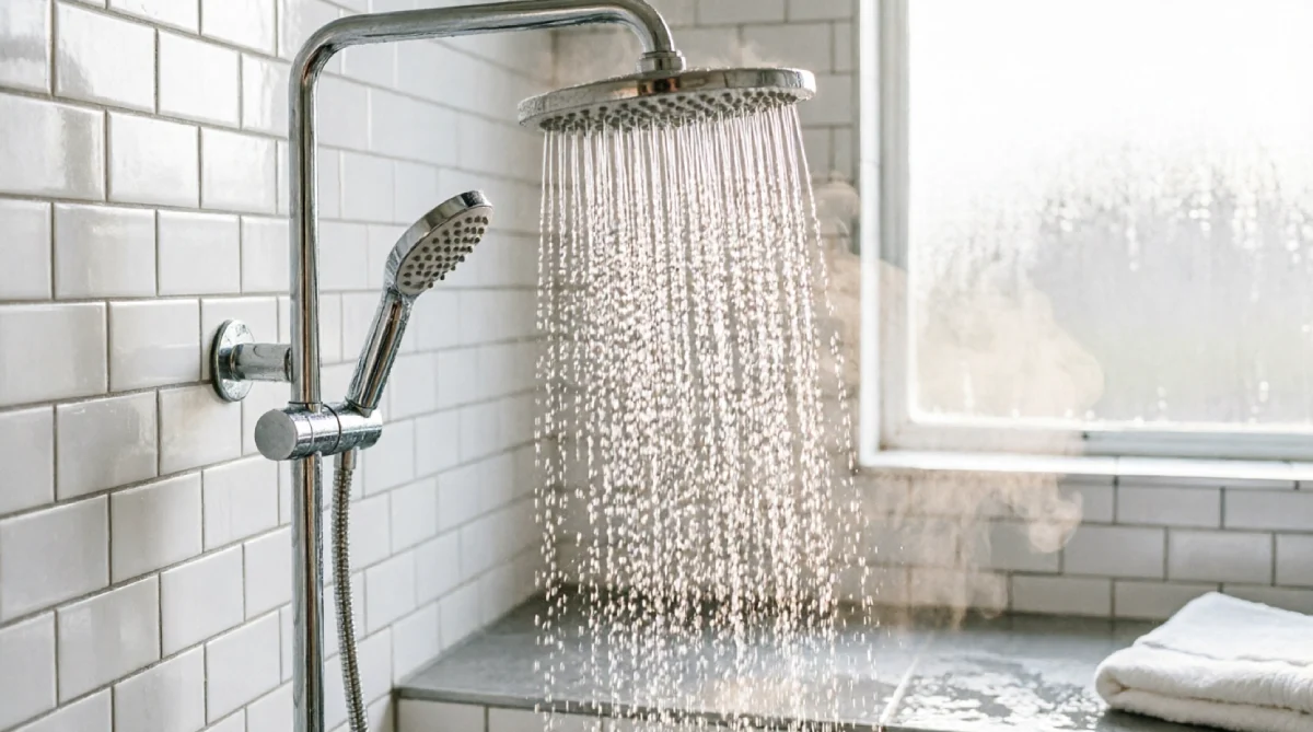 Rainfall showerhead on a curved arm over white subway tile during daytime