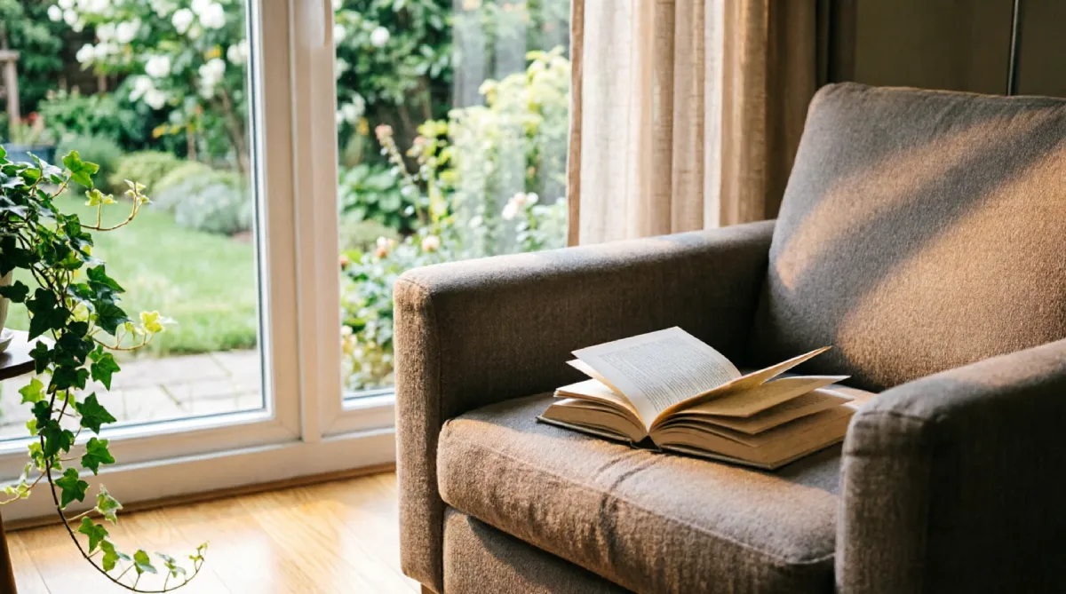 Raw wood tray on a living room ottoman for a natural summer texture