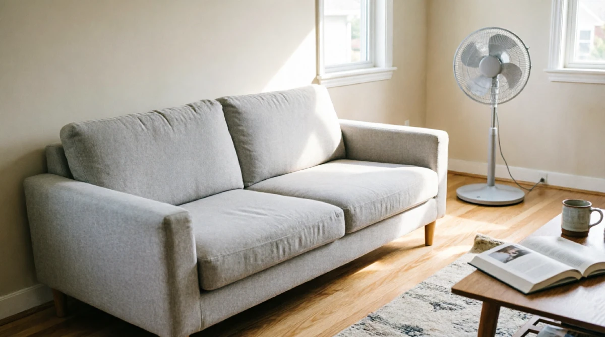 Living room with sofa pulled away from the wall for better summer airflow