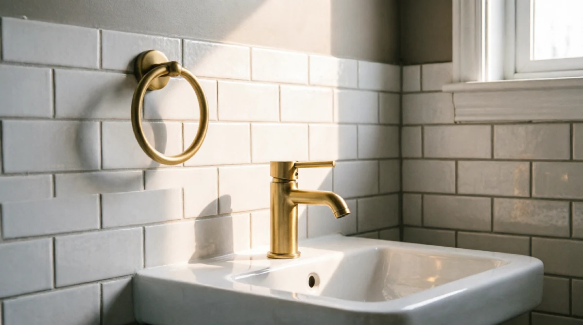 Brushed brass bathroom hardware reflecting warm summer light in a small space.