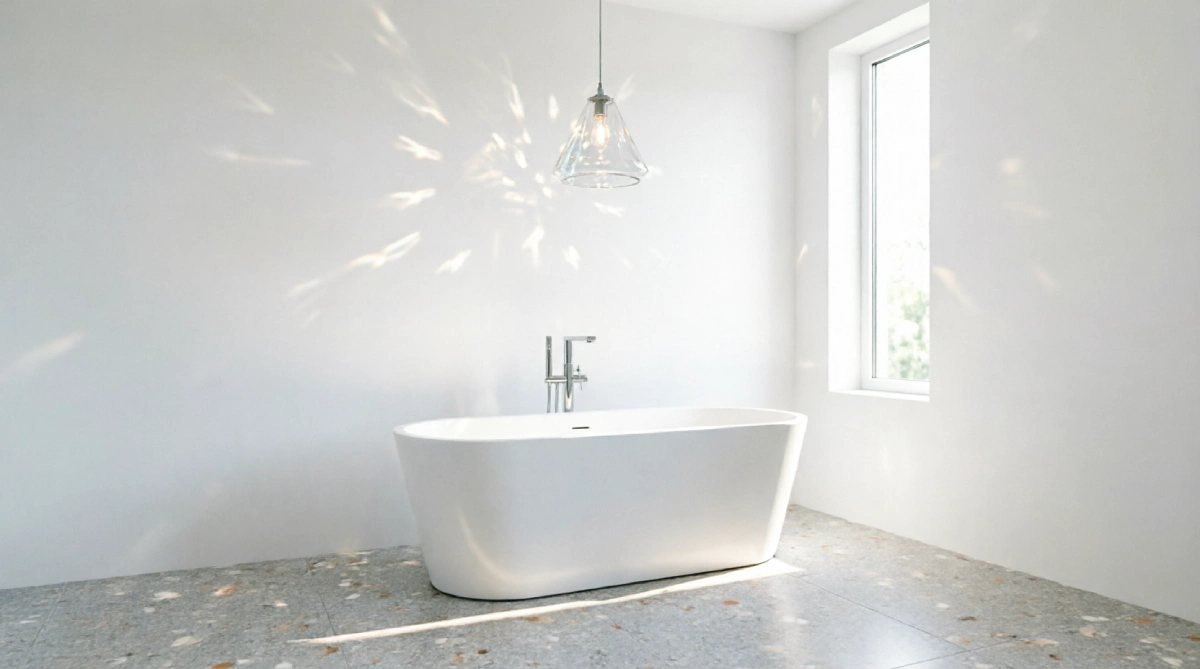 13 Summer Bathroom Lighting Ideas That Improve Brightness - Bathroom - Homedecortoday Glass pendant light reflecting summer daylight to brighten a bathroom