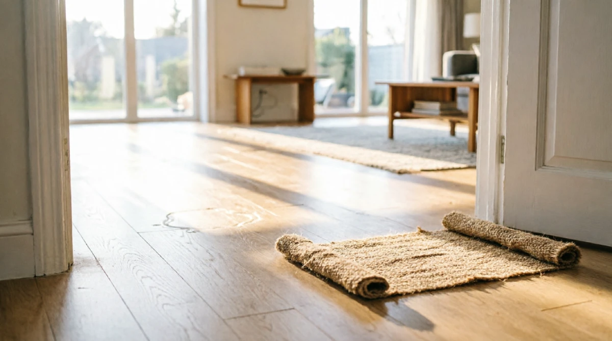 Summer living room with heavy rug removed and bare light wood floor visible