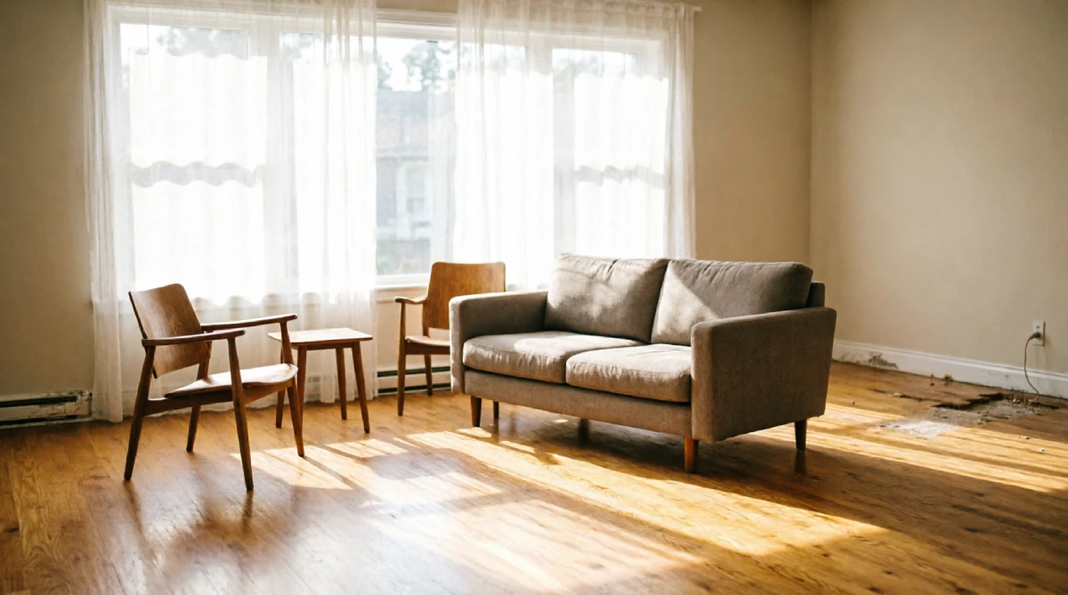 Spacious summer living room after removing one large furniture piece to improve layout