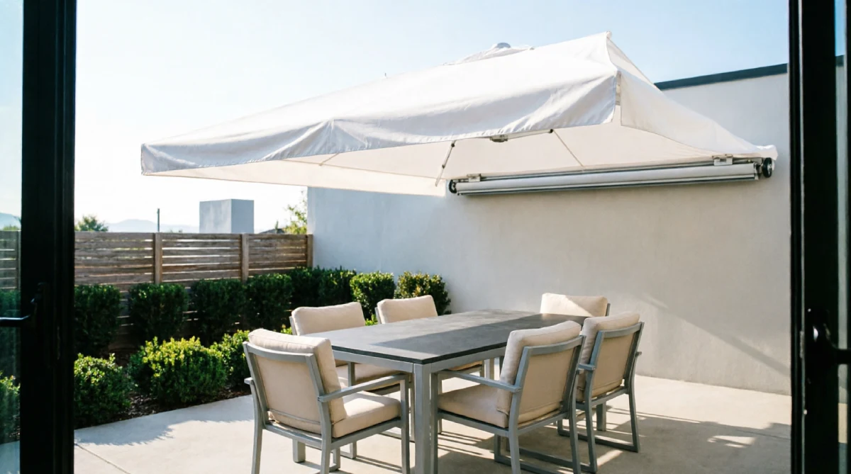 A retractable shade sail providing clean shade over a modern outdoor dining area.