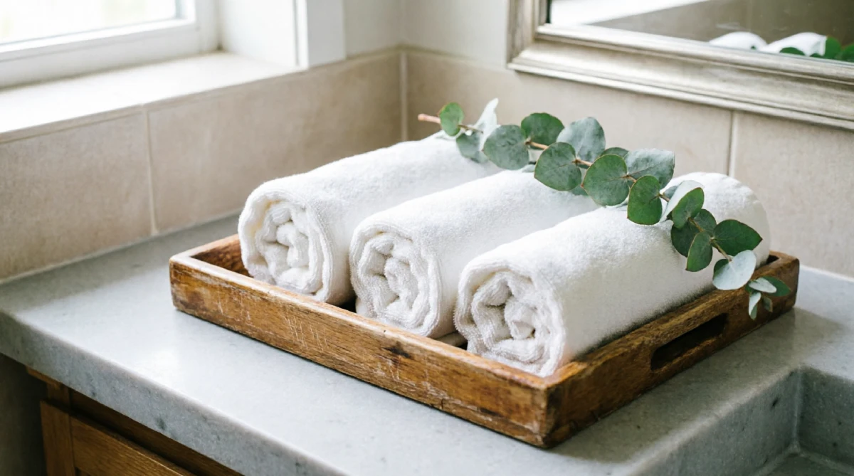 Wooden tray with rolled white linen towels on a bathroom counter, spa-like summer styling