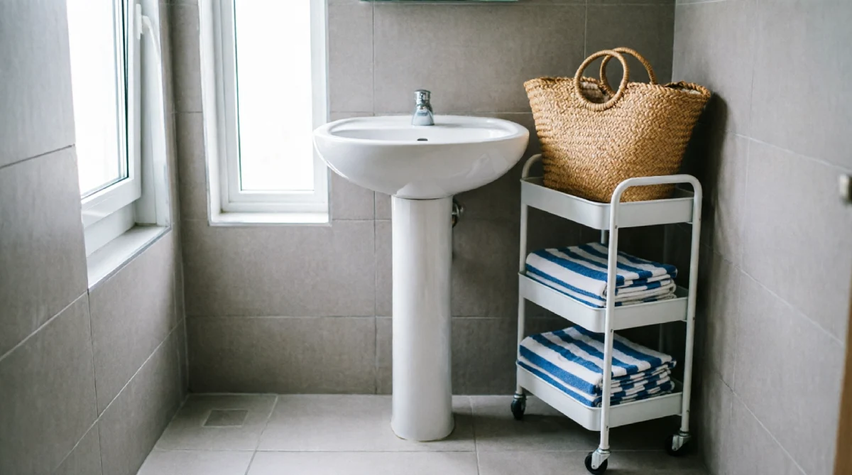 Narrow rolling cart in a small summer bathroom, providing moveable storage for towels and beach gear