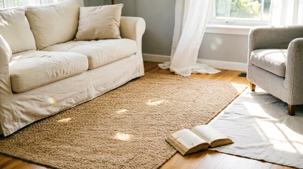 Two separate rugs creating functional zones in a summer living room layout