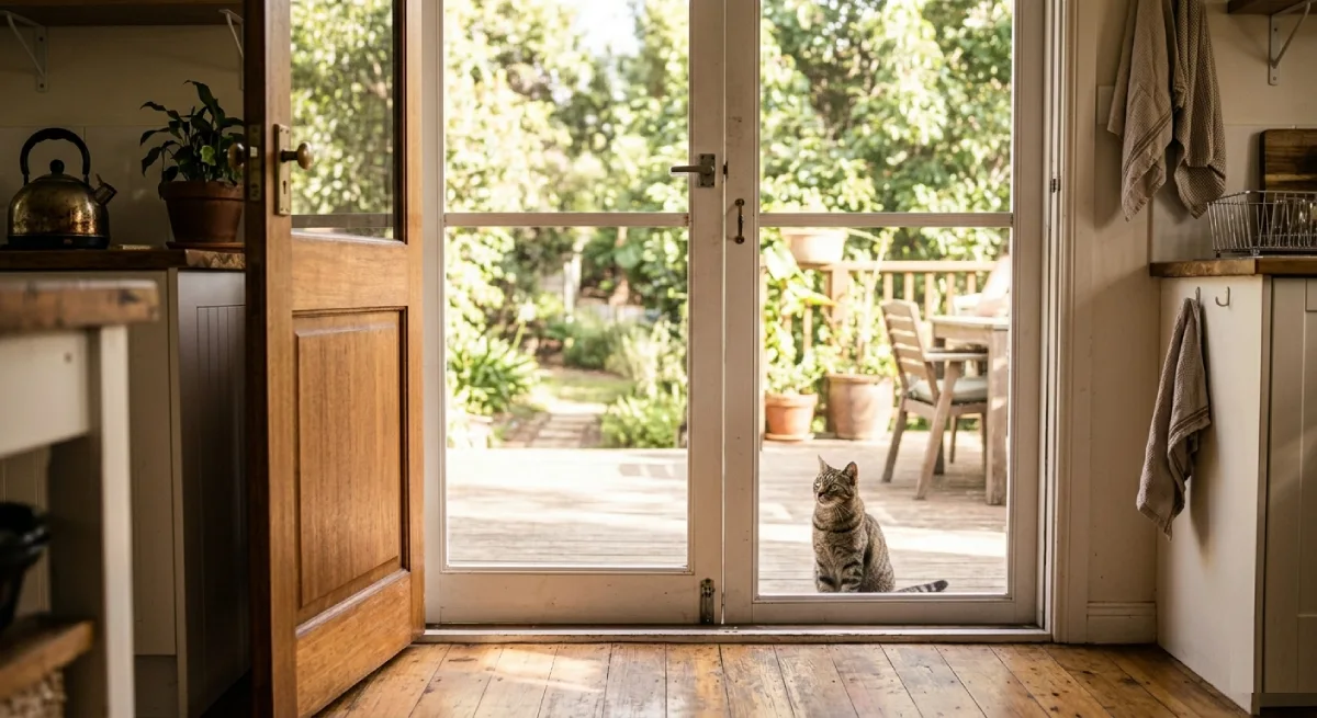 Screen door installed on kitchen exterior allowing open-door ventilation without insects