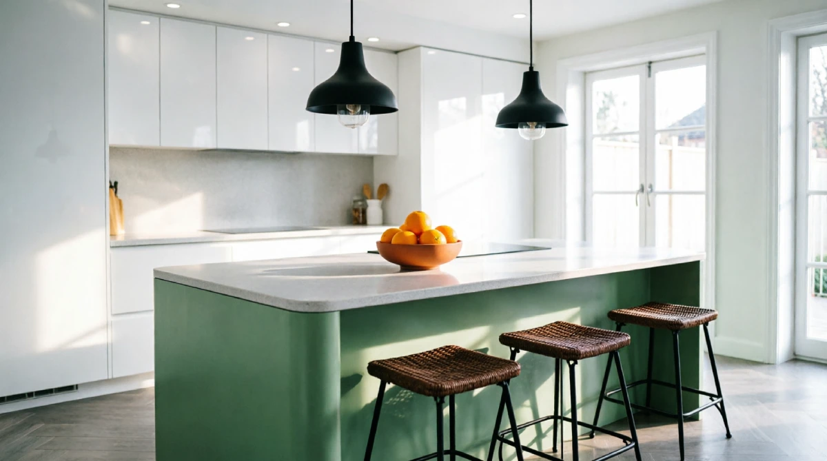 Seafoam green kitchen island reflecting summer heat