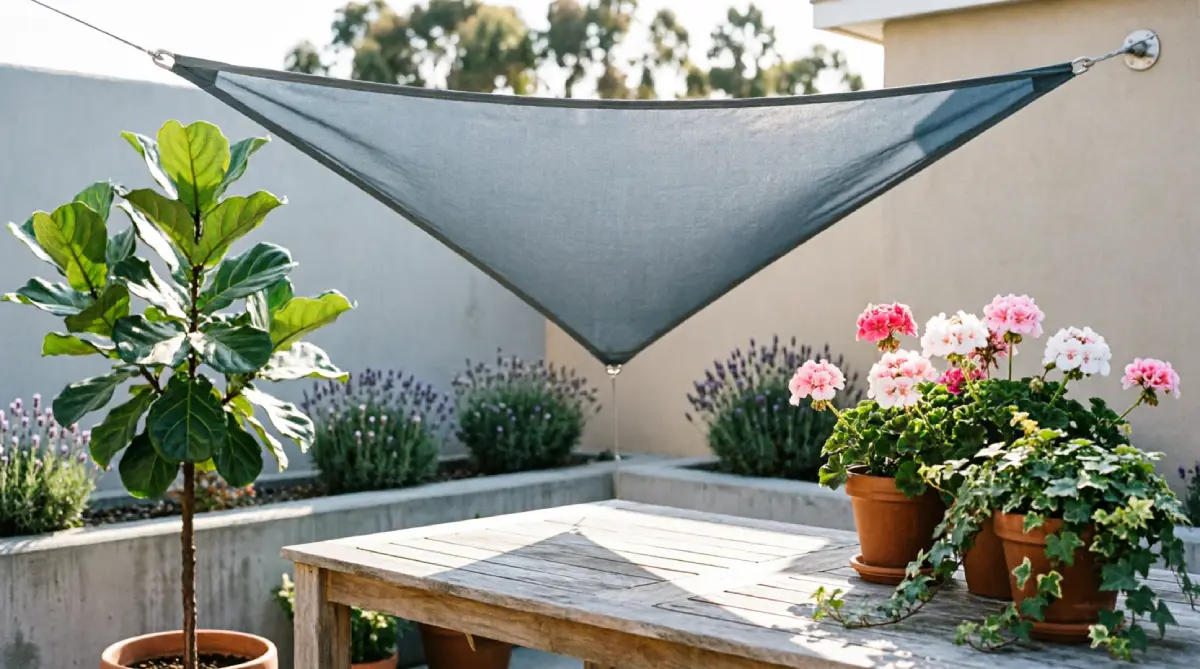Tensioned triangular shade sail defining a dining zone in a small backyard