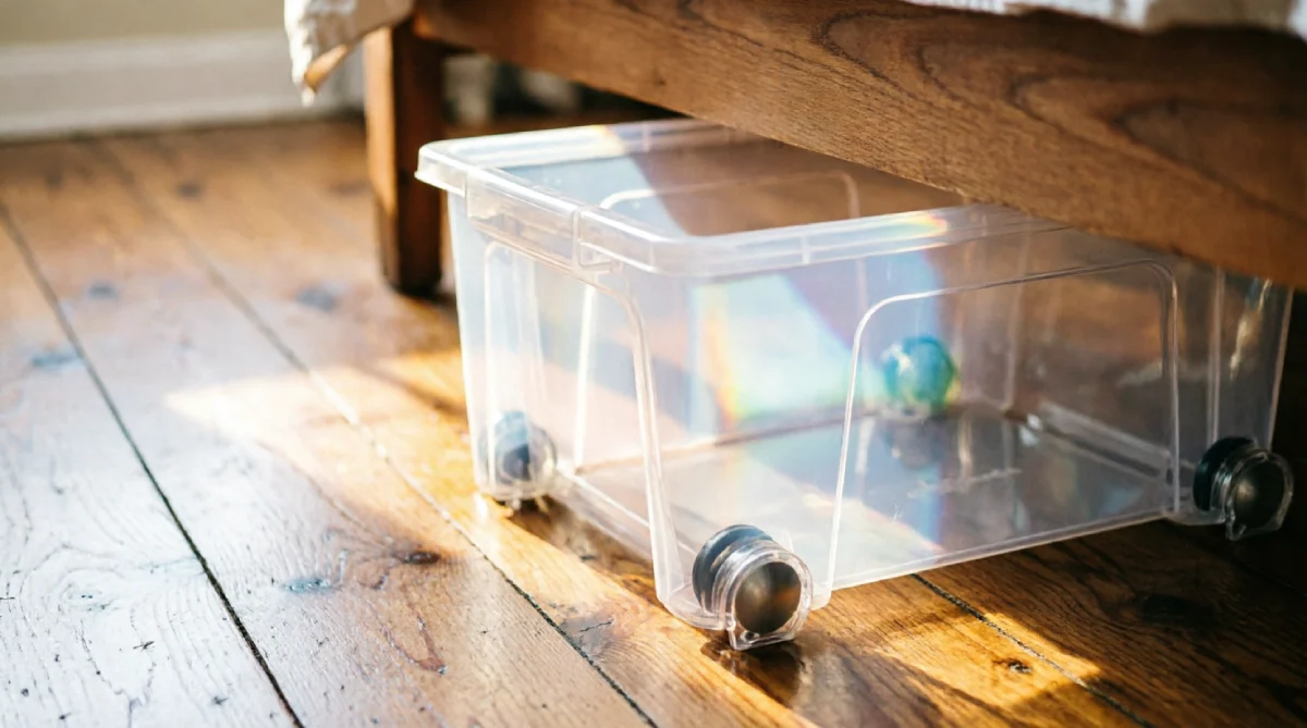 Shallow rolling storage bins tucked neatly under a bed for summer bedroom clutter control
