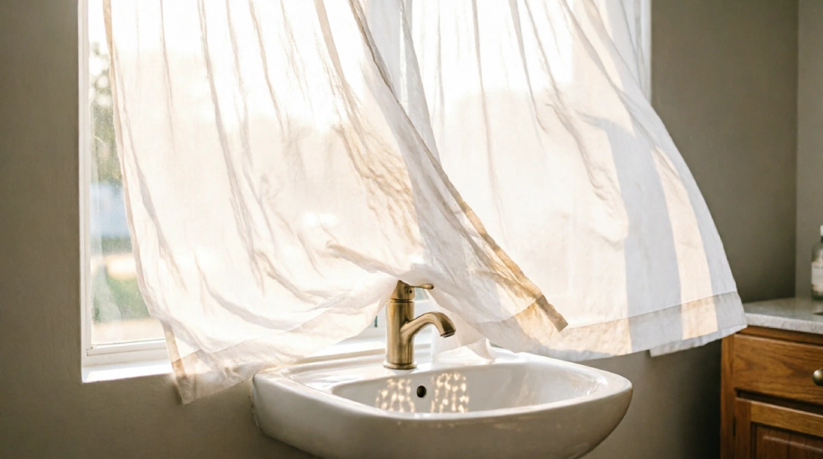 Sheer white curtains on bathroom window filtering harsh summer sunlight