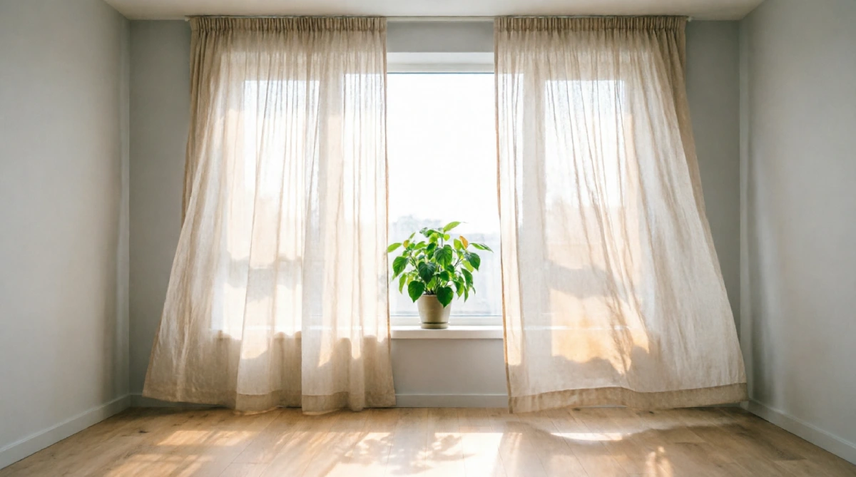 Sheer cream cotton curtains filtering sunlight in a bright summer living room