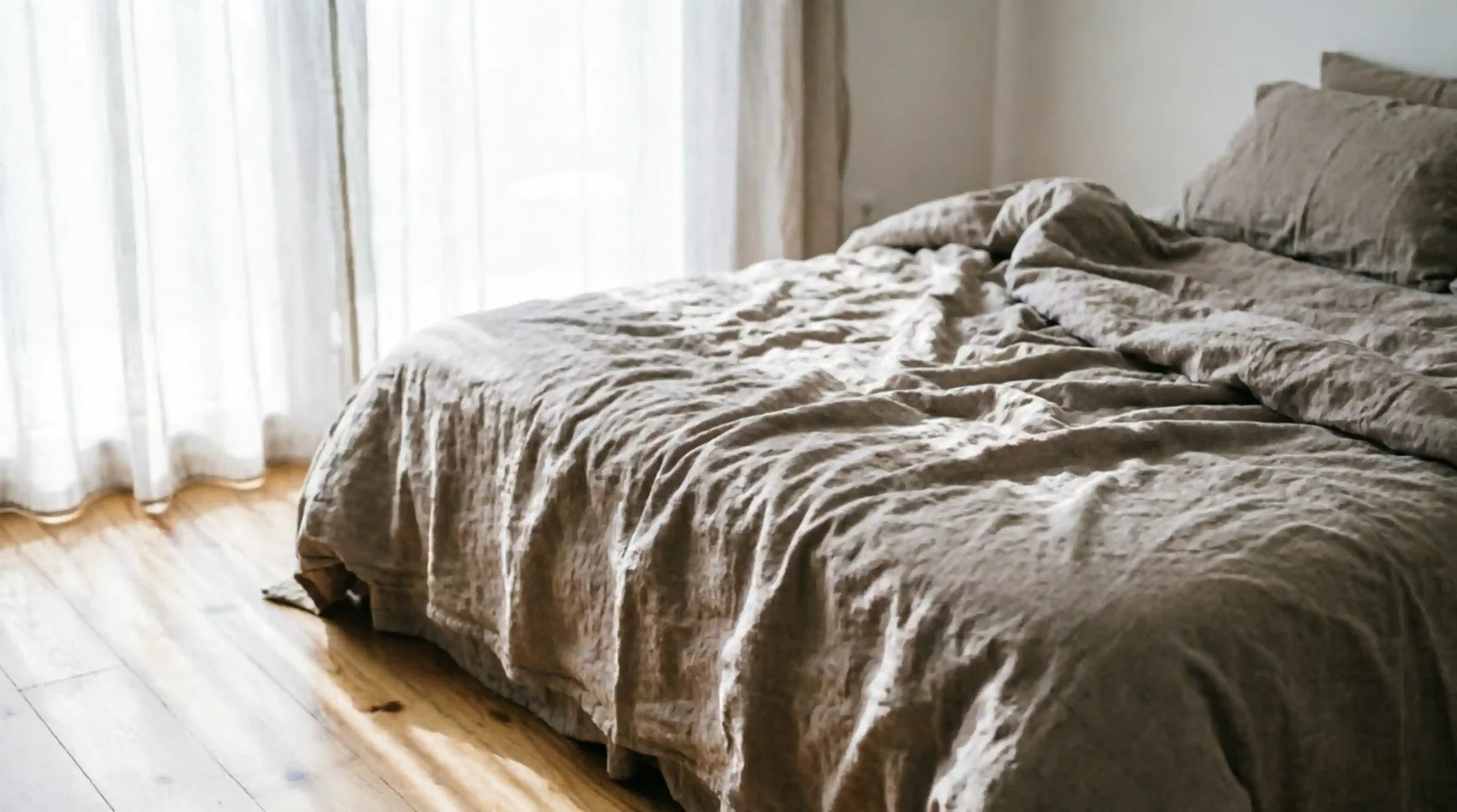 Sheer linen curtains diffusing harsh summer sun into a soft bedroom glow