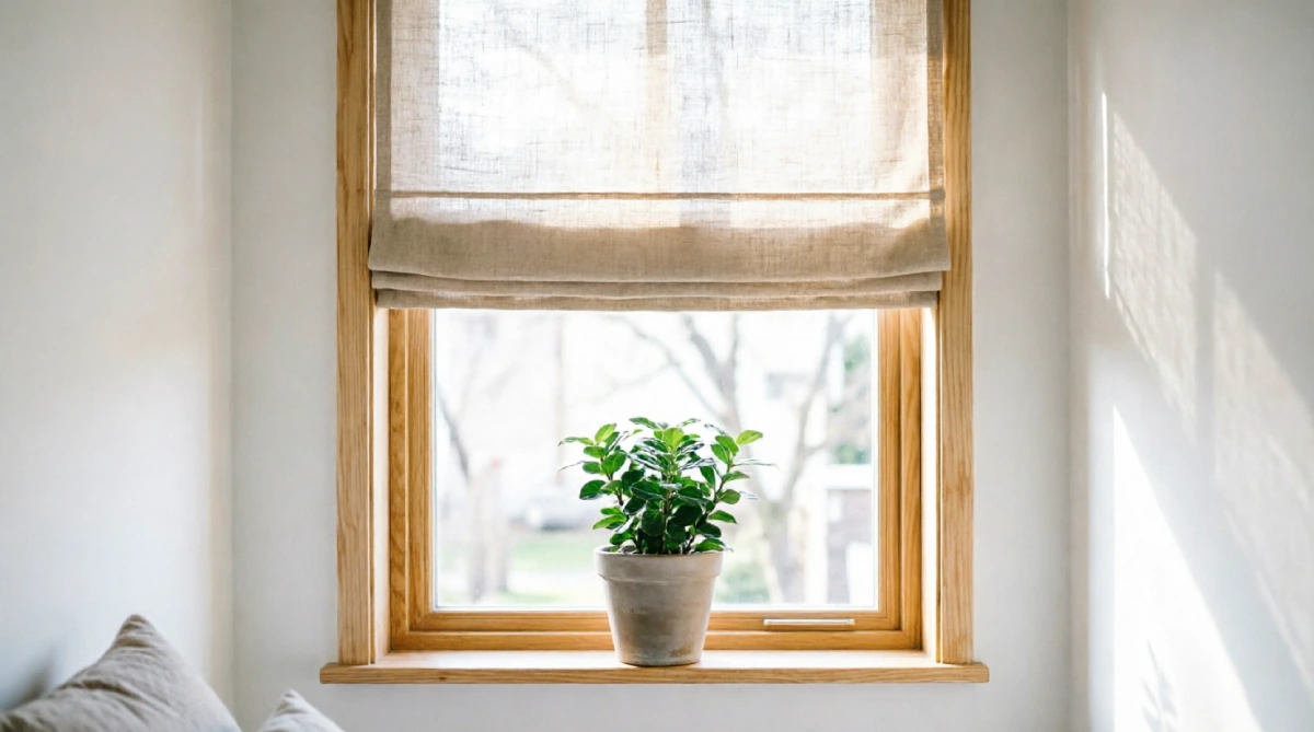 Sheer Roman shade in a small summer bedroom, offering light control without taking up space.