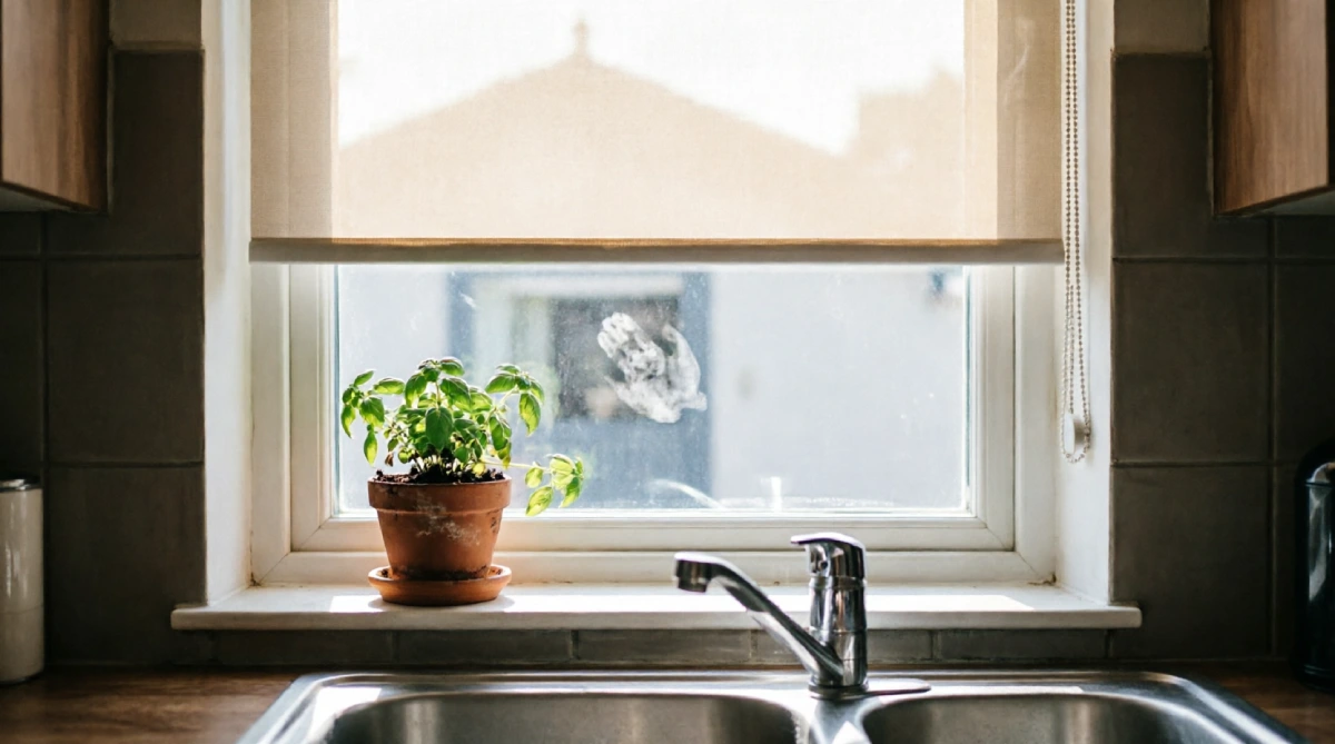Kitchen window with a sheer solar shade filtering harsh summer sunlight into a soft glow