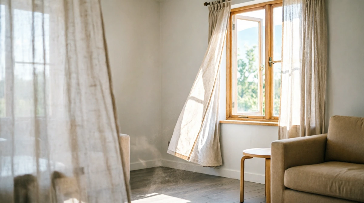 Sheer white curtains blowing gently in a summer living room breeze