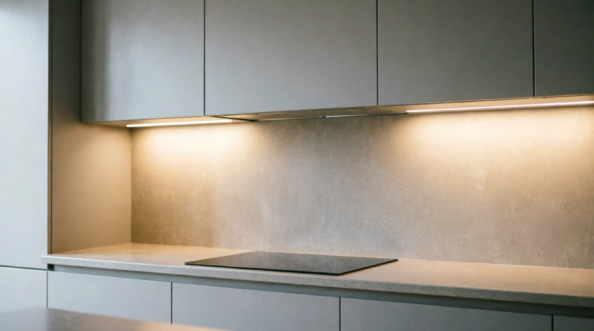 Modern summer kitchen with large-format single-slab backsplash and under-cabinet lighting