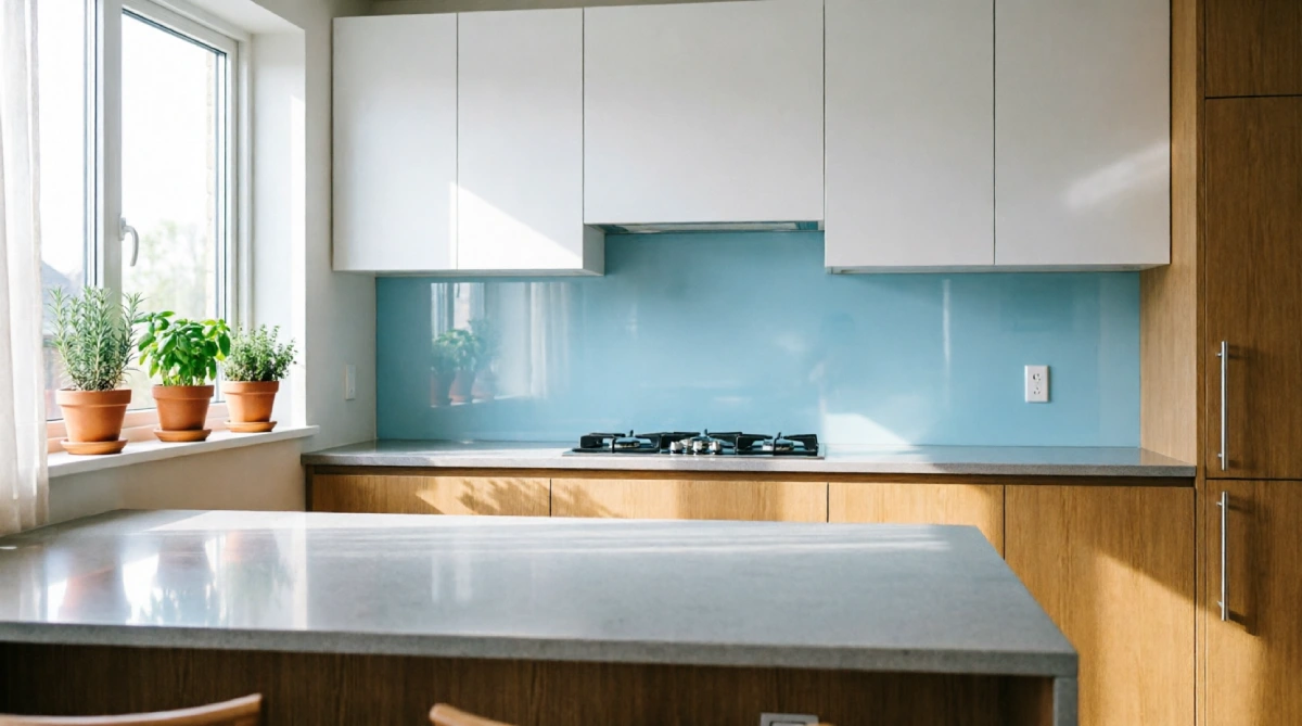 Sky blue glass backsplash in a summer kitchen reflecting light