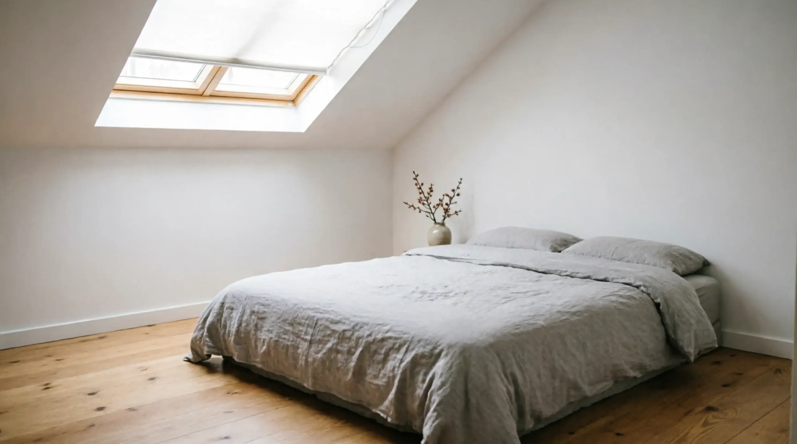 Skylight with a diffusing blind creating soft, cool brightness in a summer bedroom