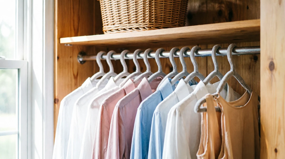Slim velvet hangers maximizing closet space in a small summer bedroom
