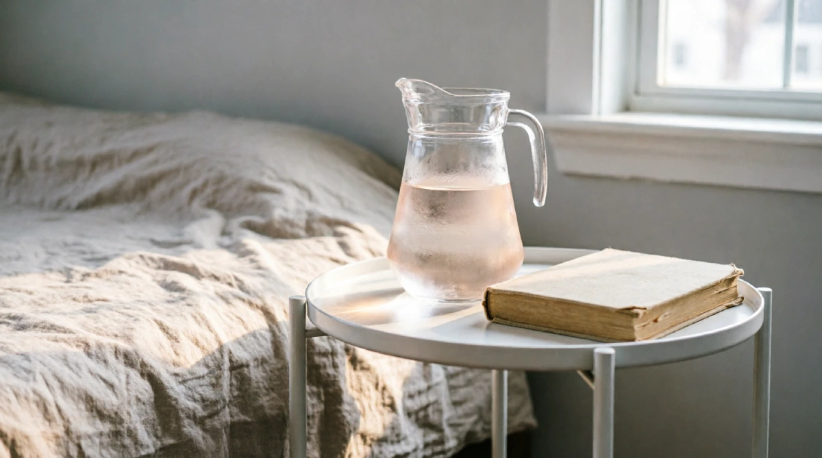 Slim white rolling cart serving as summer bedside storage in a neat bedroom