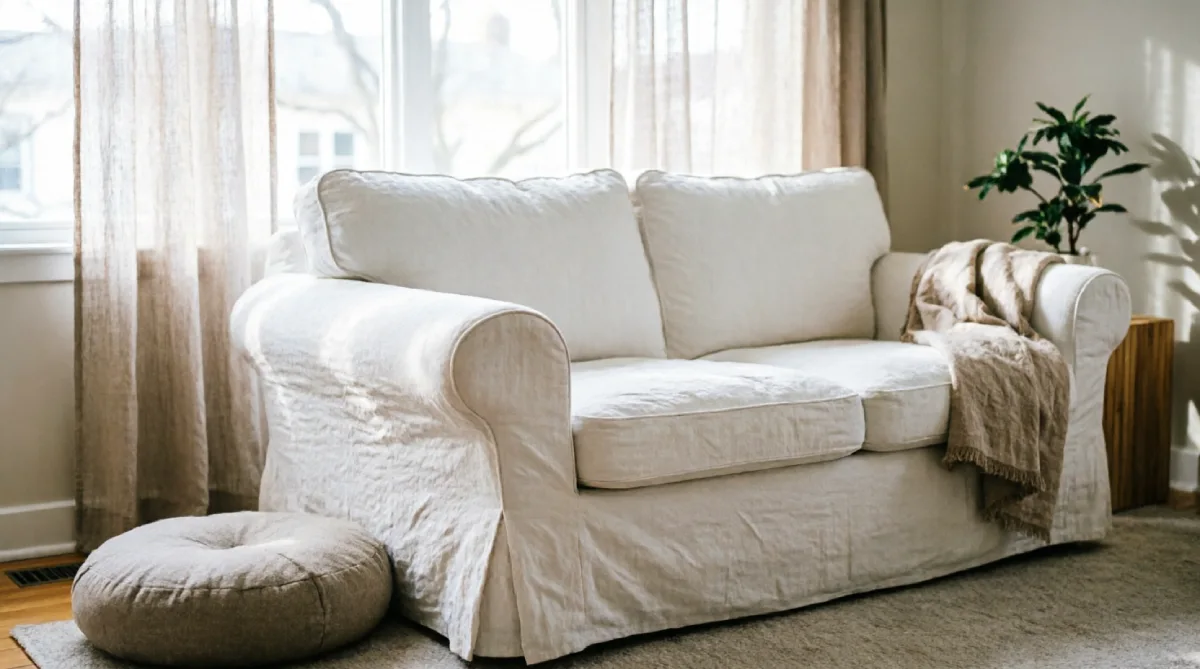 Washable white slipcovered sofa in a modern summer living room for a clean look