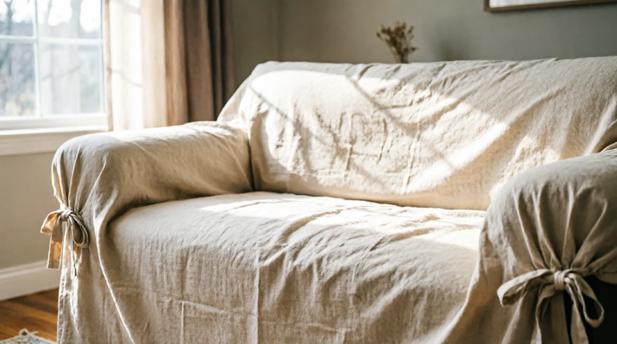 Cream cotton slipcover on a sofa in a bright summer living room setting