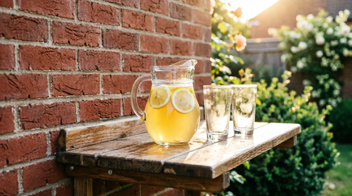 Fold-down floating wall bar in a small urban backyard for summer entertaining