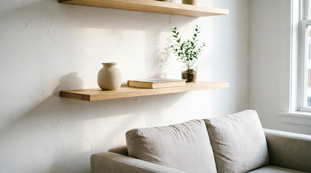 Floating shelves mounted above a sofa in a small summer living room maximizing vertical space.