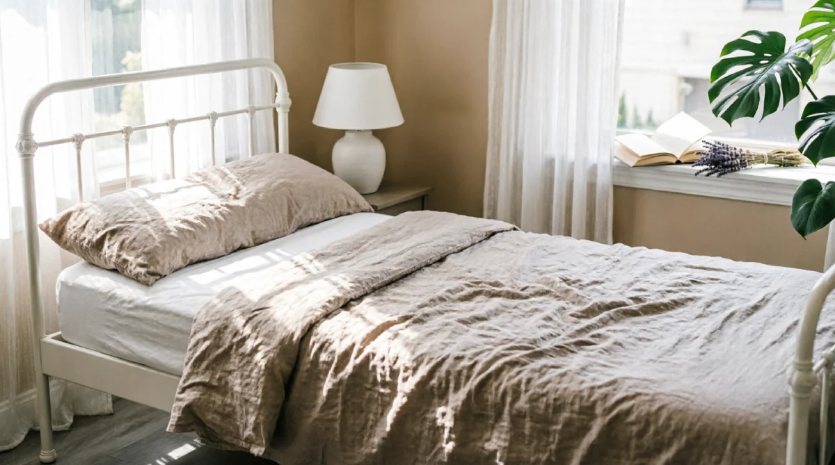 Lightweight linen bedding on a bed in a small summer bedroom, creating an airy and space-saving feel