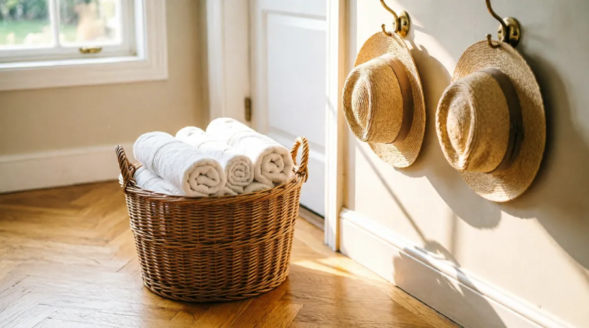 Woven basket and wall hooks near a small summer kitchen entry for seasonal items