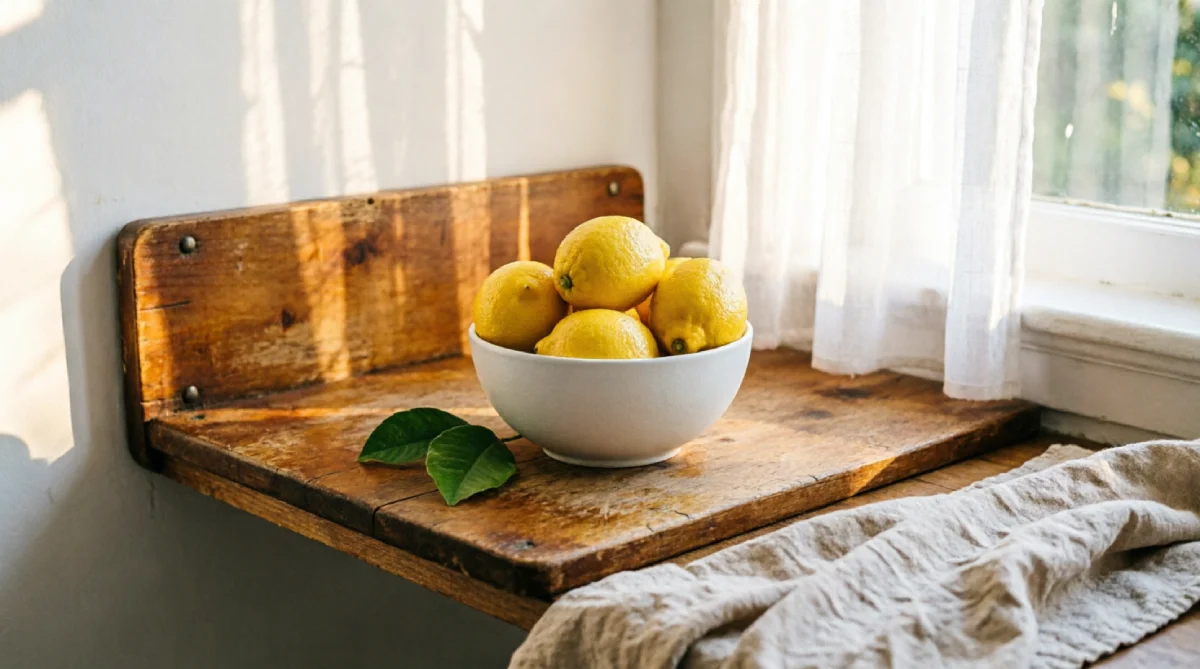 Fold-down wooden countertop saving space in a bright small summer kitchen