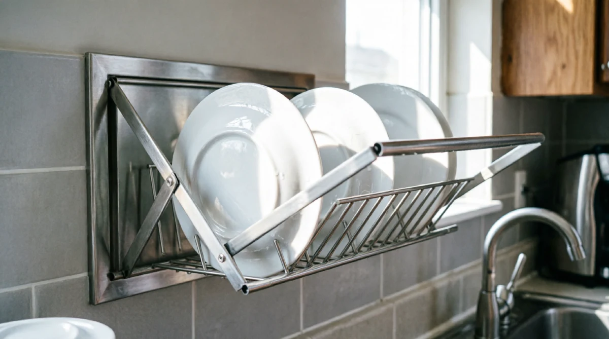Fold-out wall-mounted dish drying rack above sink in a small summer kitchen