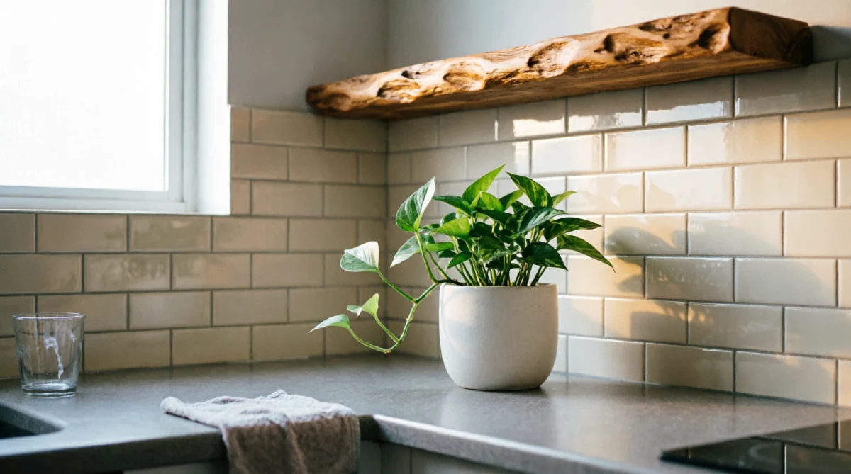 Glossy cream subway tile backsplash brightening a compact summer kitchen